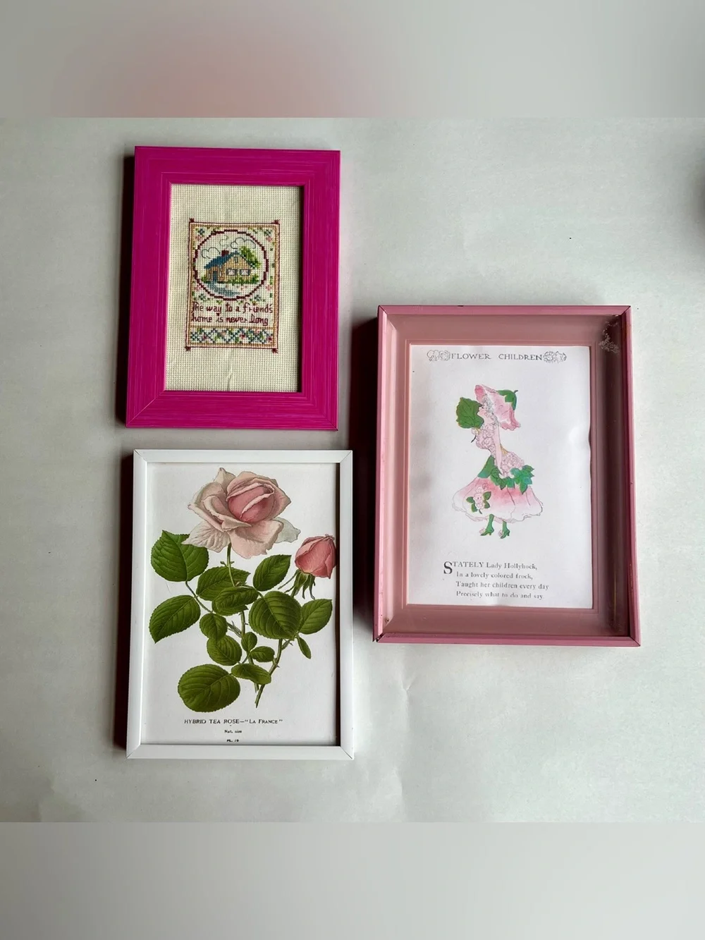 Vintage Wood & Metal Picture Photo Frames w/ Fine Art Prints-Set of 3